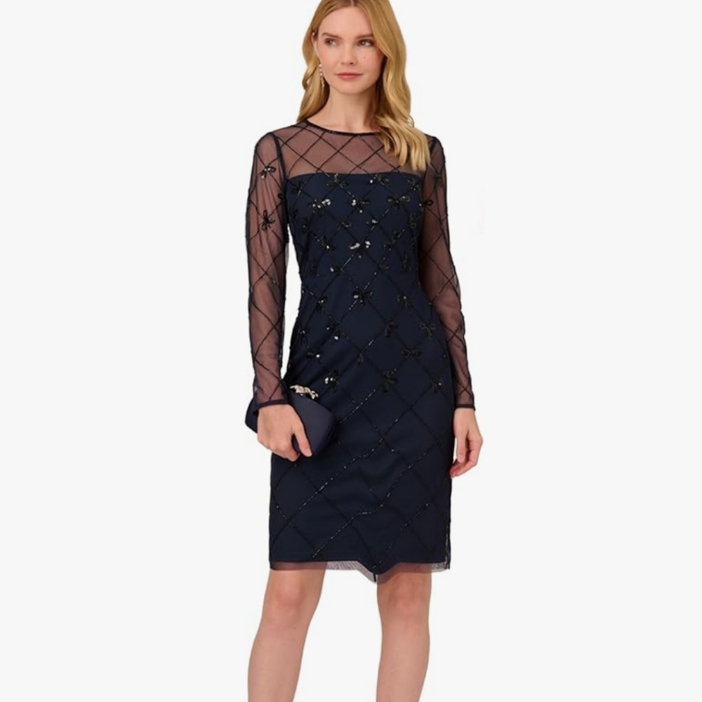Papell Studios Navy Blue & Black Beaded Cocktail Dress, SZ 10, NWT